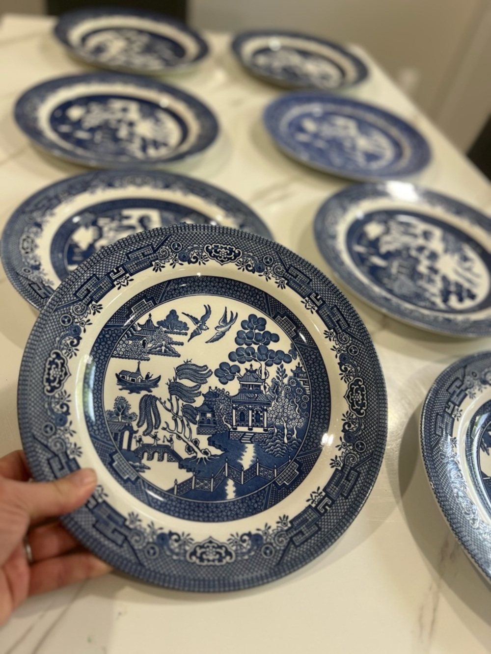 Set of 7 Churchill Blue Willow & 1 Ridgways England Blue - Vintage